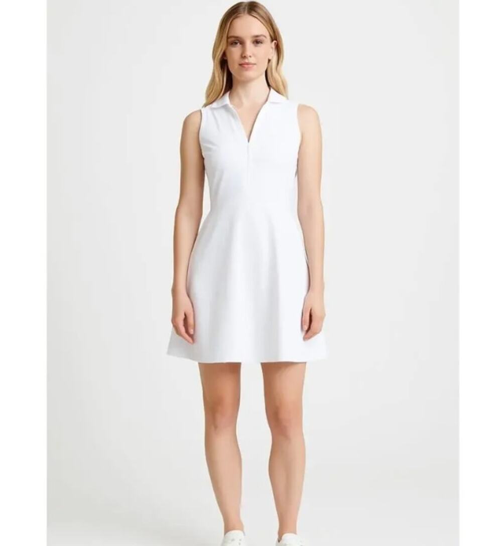 Theory White Poplin Collared Flare Sleeveless V-Neck Shirt Dress Size 6